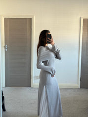 Modest bardot split detail long top in soft rib