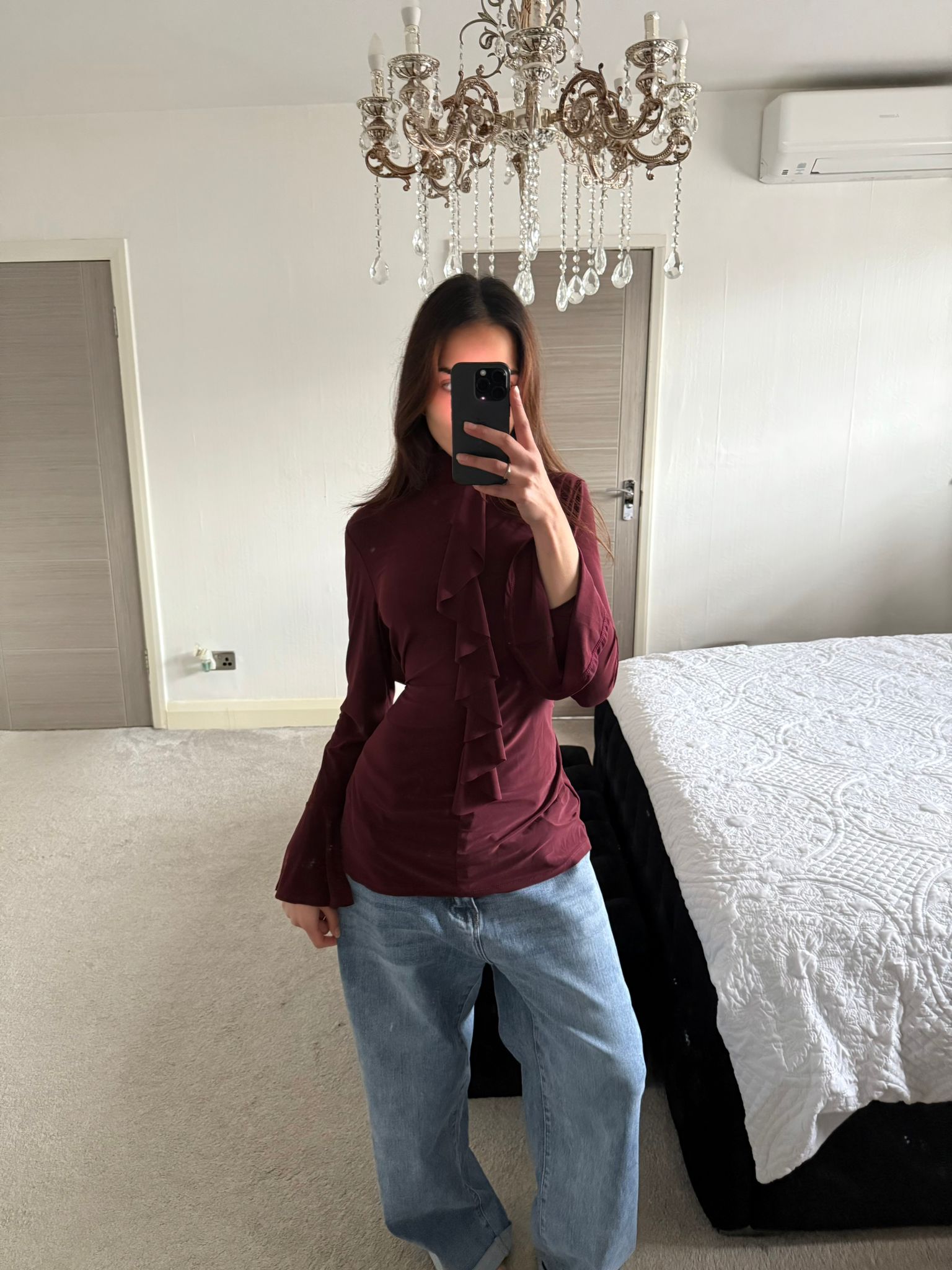 High neck ruffle detail tie back long top