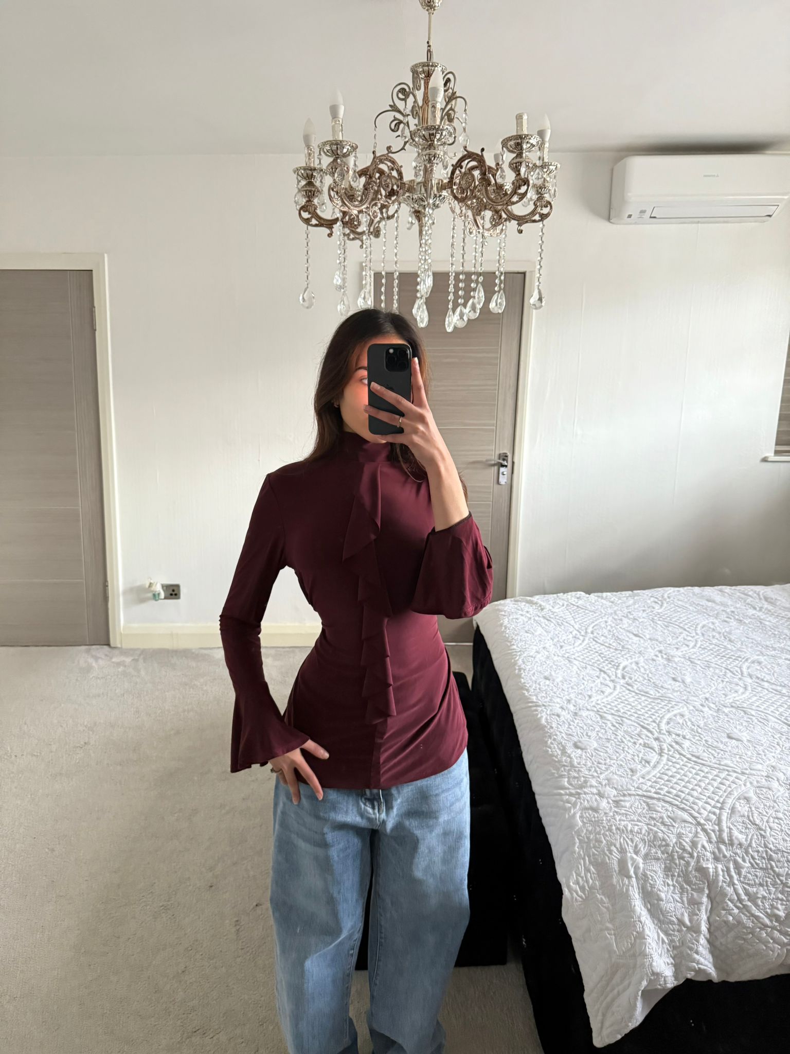 High neck ruffle detail tie back long top