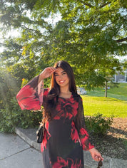 Tie back chiffon maxi dress in red large floral