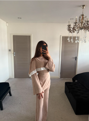 Woven tie back top with lace trim and trouser