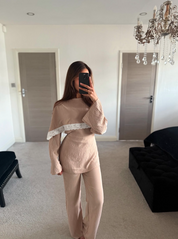 Woven tie back top with lace trim and trouser