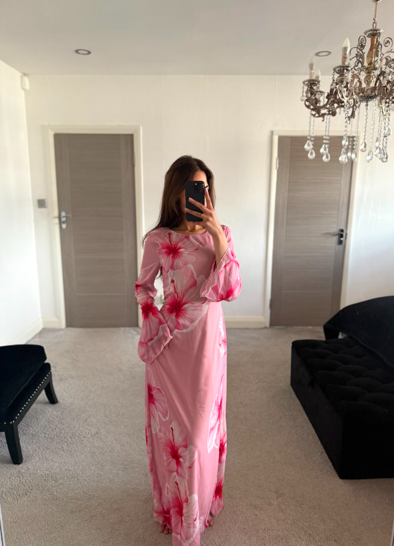 Tie back chiffon dress in large pretty pink bloom