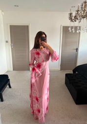 Tie back chiffon dress in large pretty pink bloom
