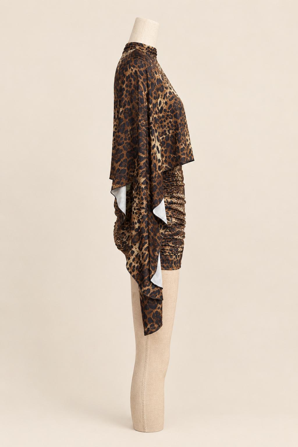 cape overlay modest long top in leopard