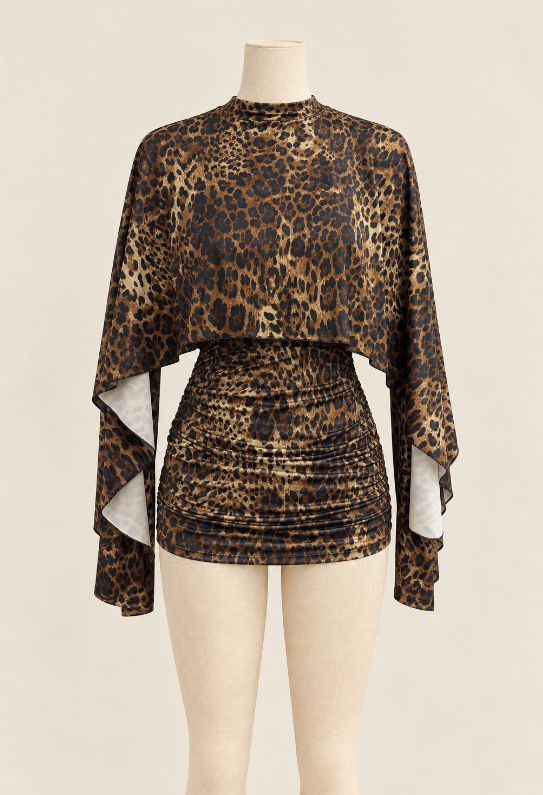 cape overlay modest long top in leopard