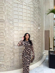 Seam detail mesh maxi dress in fierce leopard