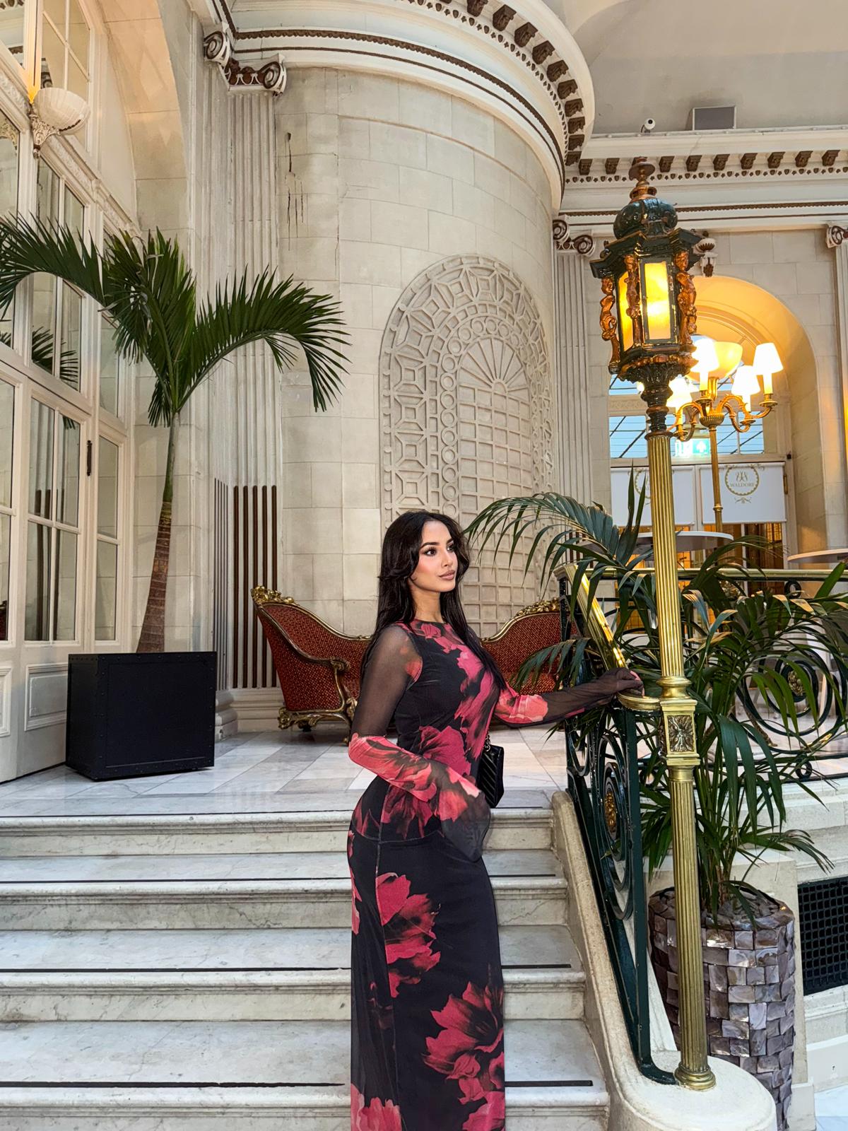 Printed Flared Sleeve Mesh Maxi Dress