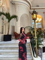 Printed Flared Sleeve Mesh Maxi Dress