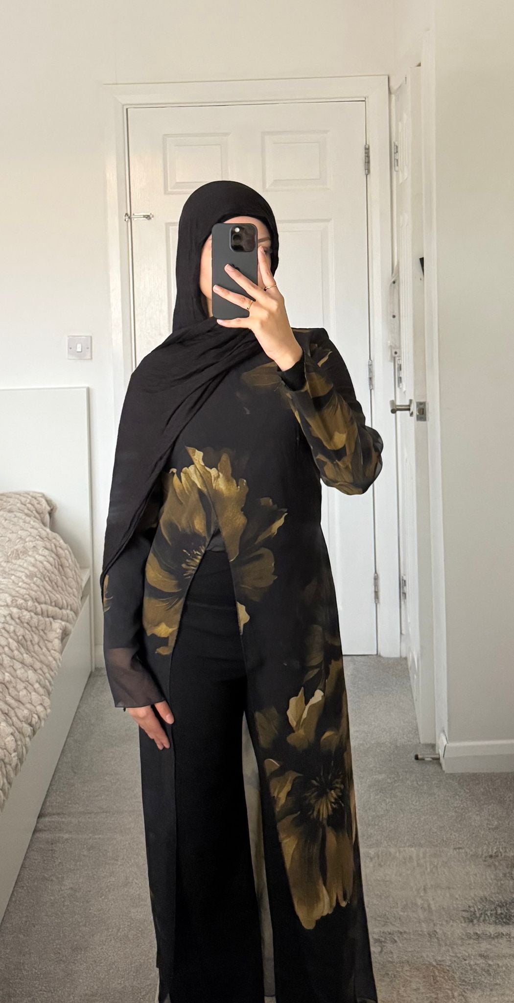 Modest long top dress in green olive bloom