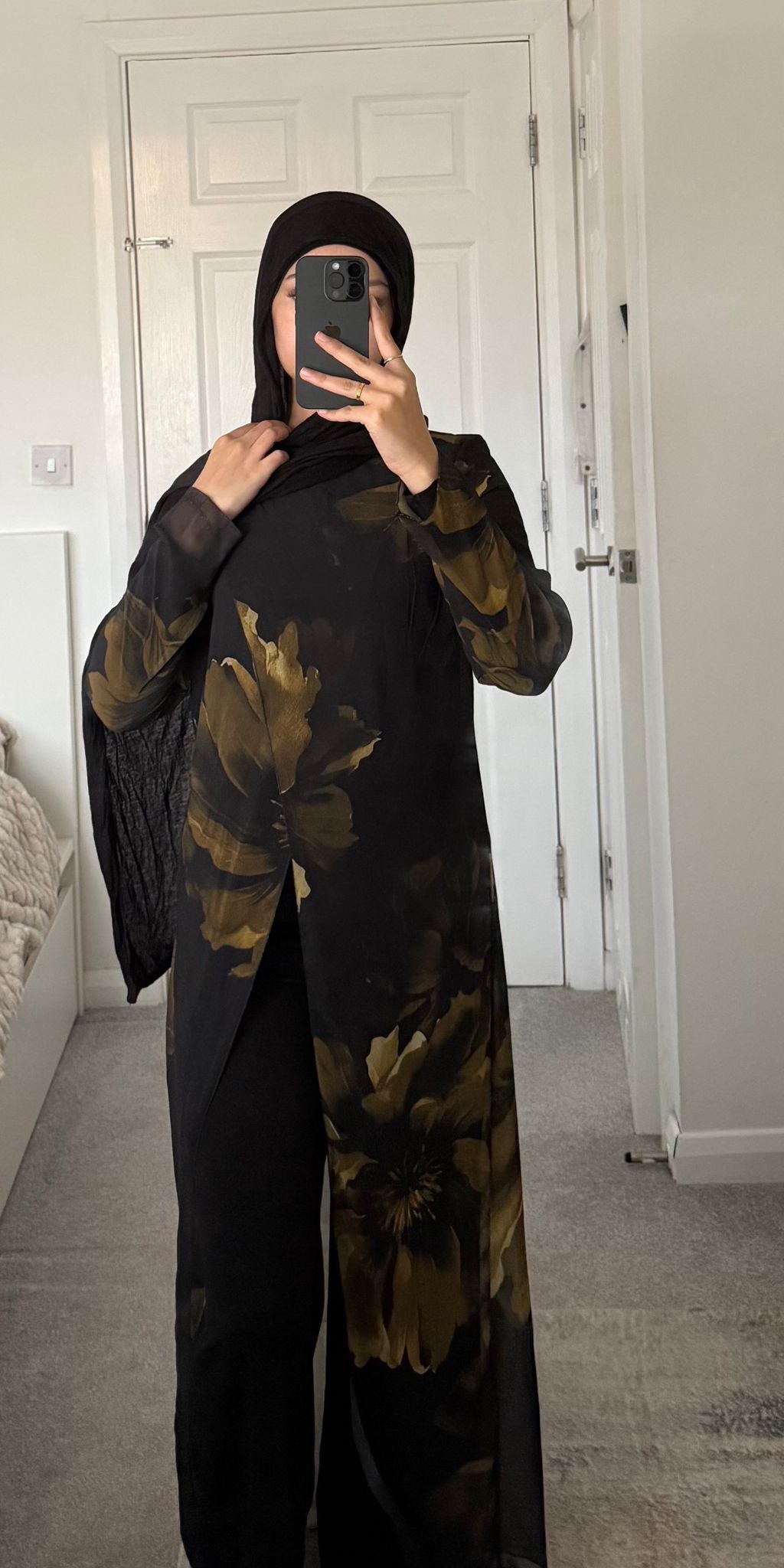 Modest long top dress in green olive bloom