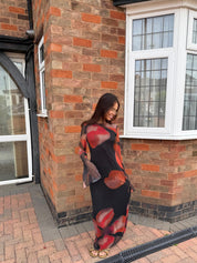 Mesh split sleeve maxi dress in dark red bloom