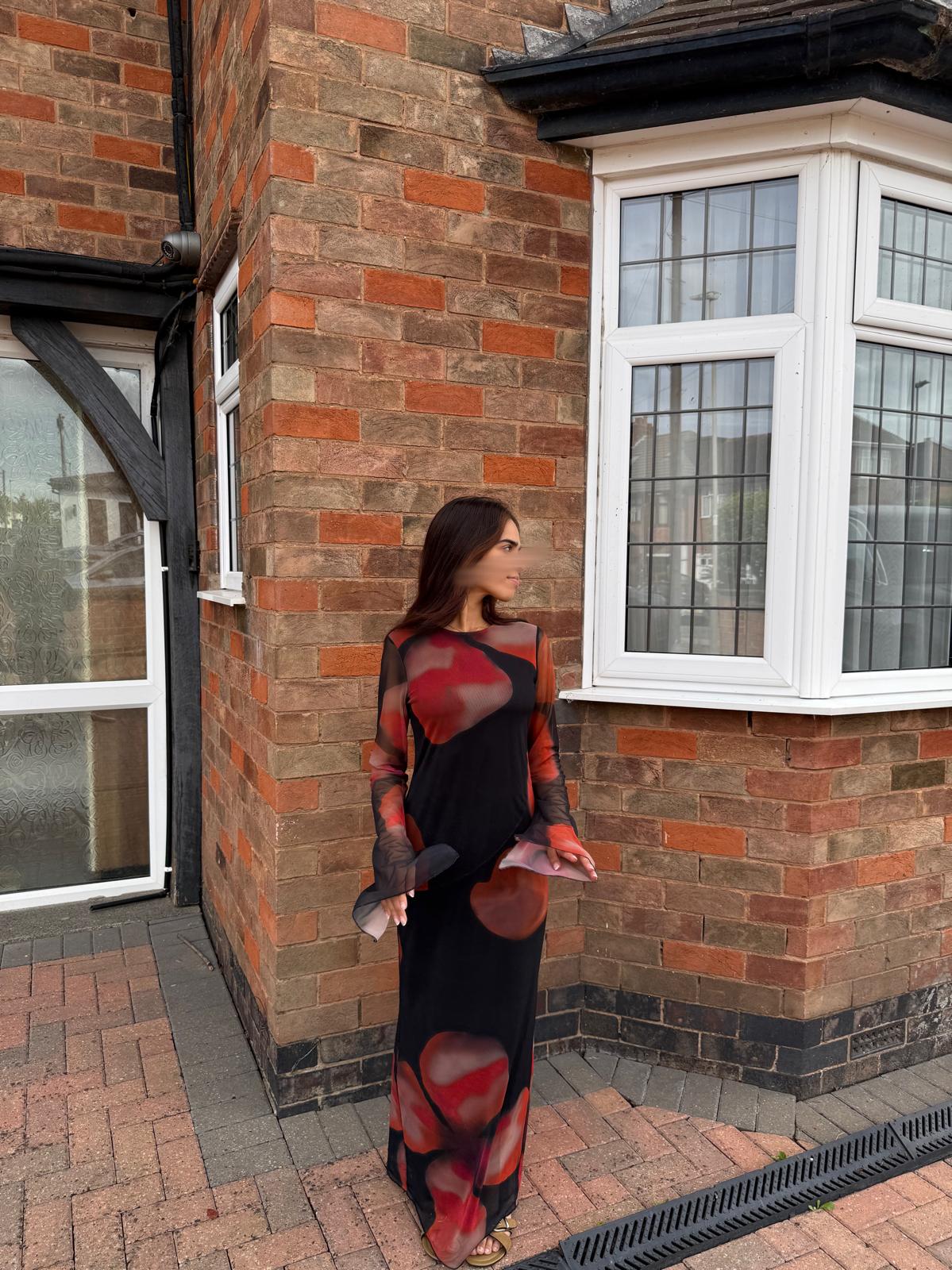 Mesh split sleeve maxi dress in dark red bloom