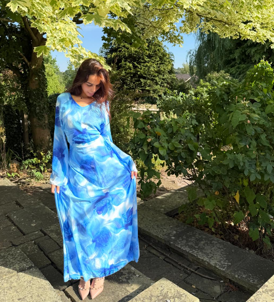 Tie back chiffon dress in mixed blue myst