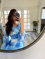 Tie back chiffon dress in mixed blue myst