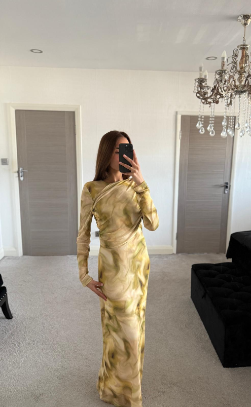 Mesh drape modest maxi dress in ombre