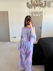 Frill over lay chiffon maxi dress in lilac tie dye