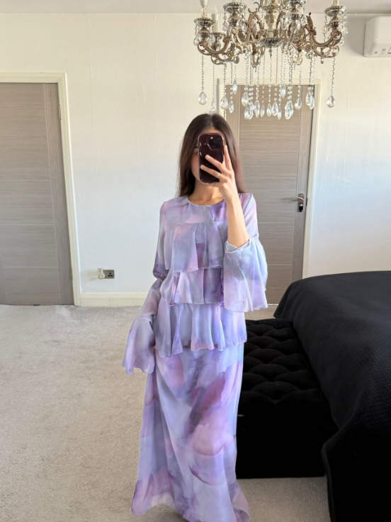 Frill over lay chiffon maxi dress in lilac tie dye