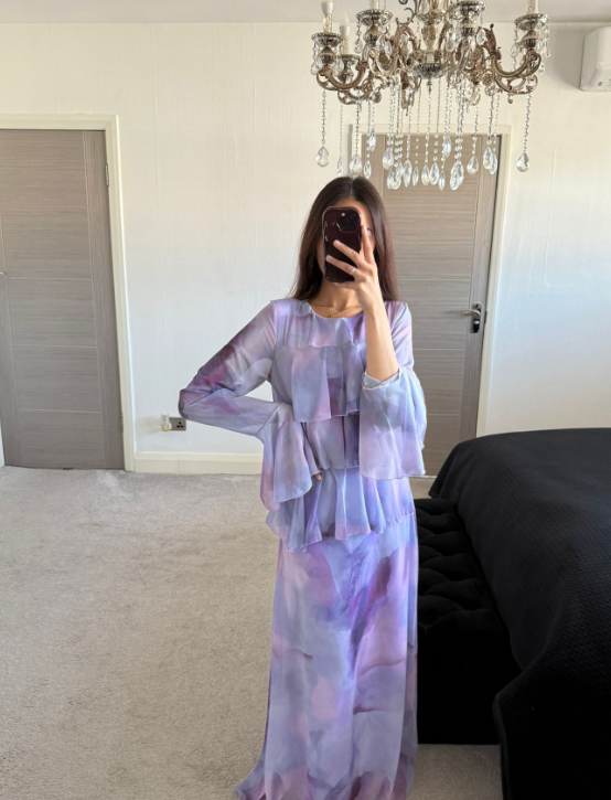 Frill over lay chiffon maxi dress in lilac tie dye