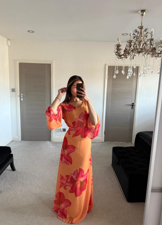 Chiffon tie back maxi dress in orange bloom