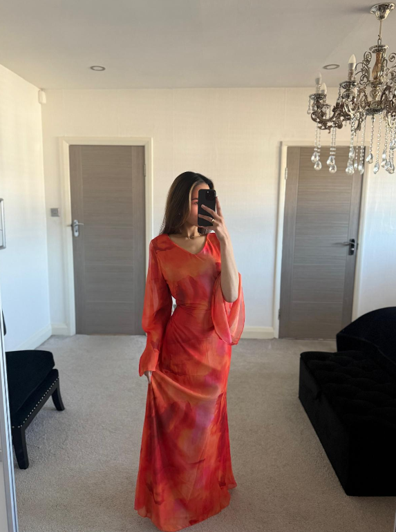 Tie back chiffon dress in pastel orange tie dye