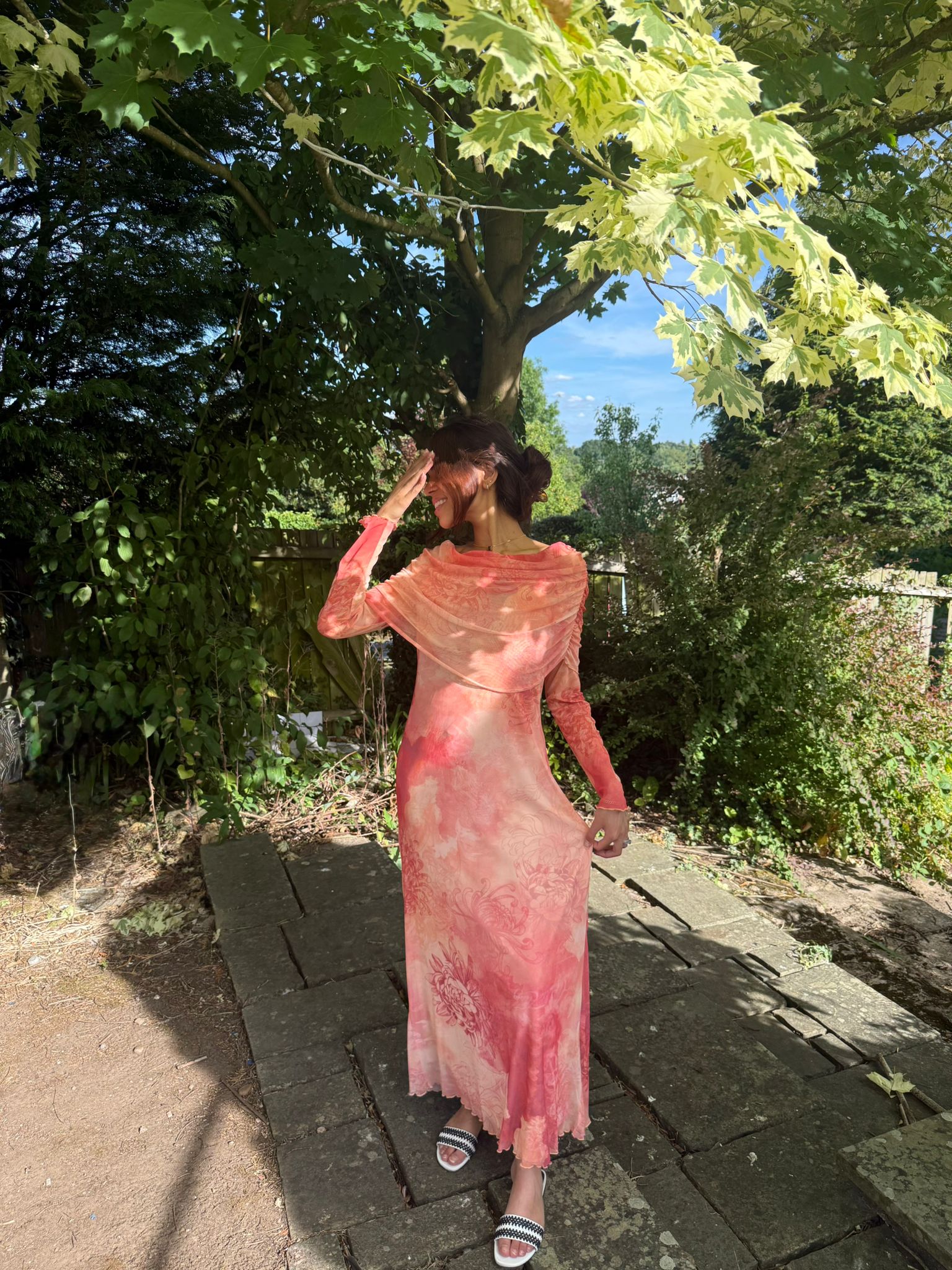 Modest Bardot detail mesh maxi dress in peach blossom floral