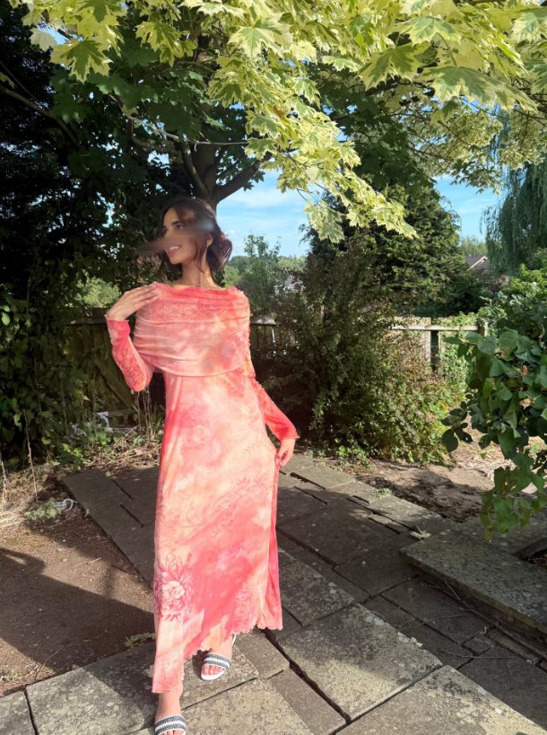 Modest Bardot detail mesh maxi dress in peach blossom floral