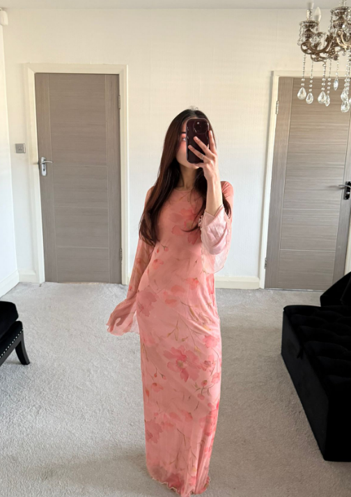 Peachy pink floral flared sleeve mesh maxi dress