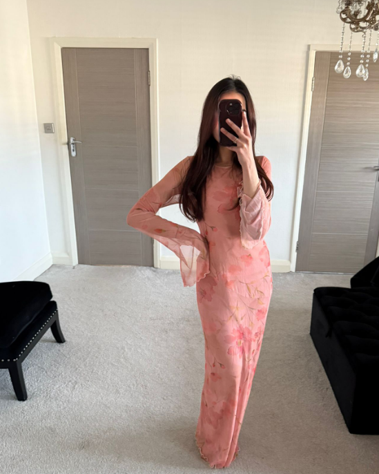 Peachy pink floral flared sleeve mesh maxi dress