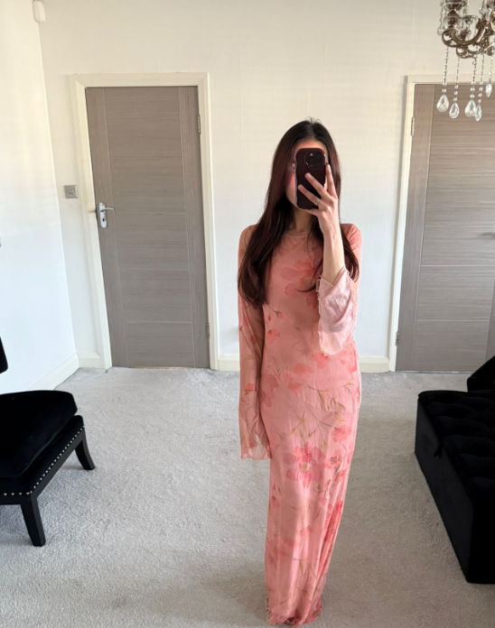 Peachy pink floral flared sleeve mesh maxi dress