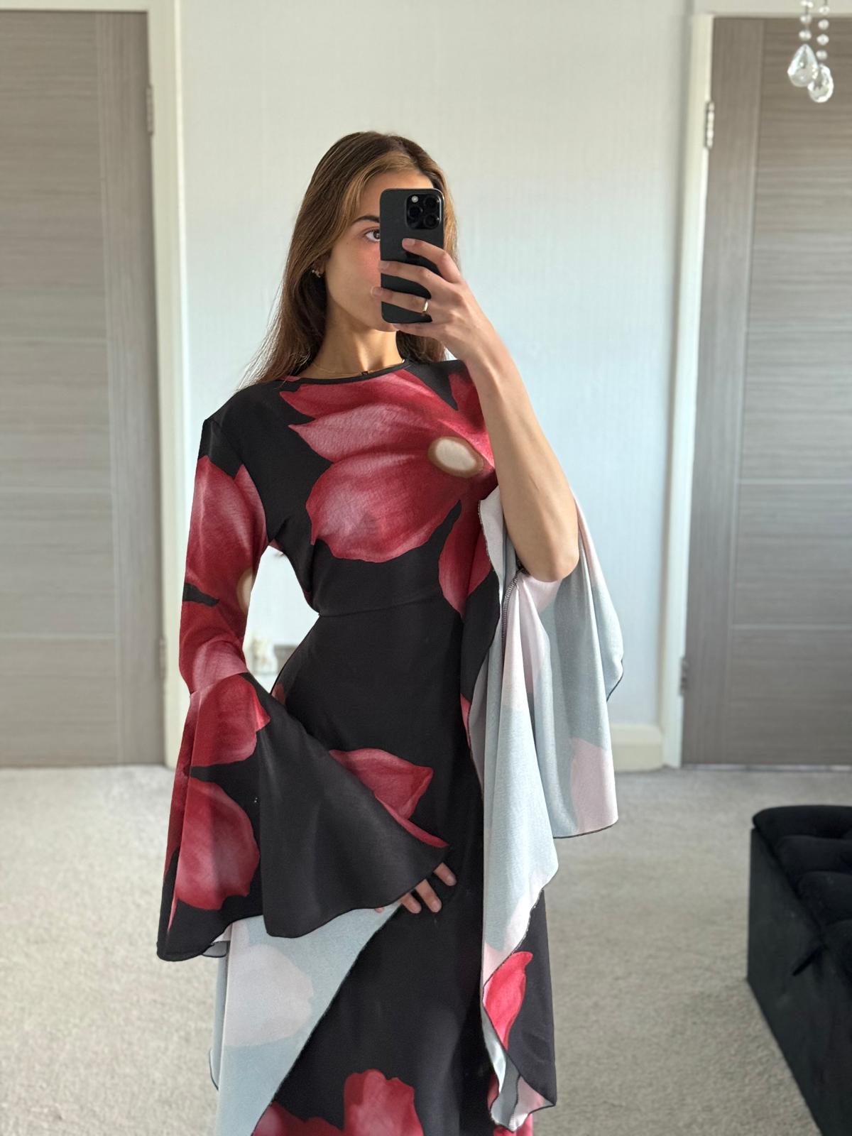 Extreme flared sleeve tie back maxi dress in pretty petal