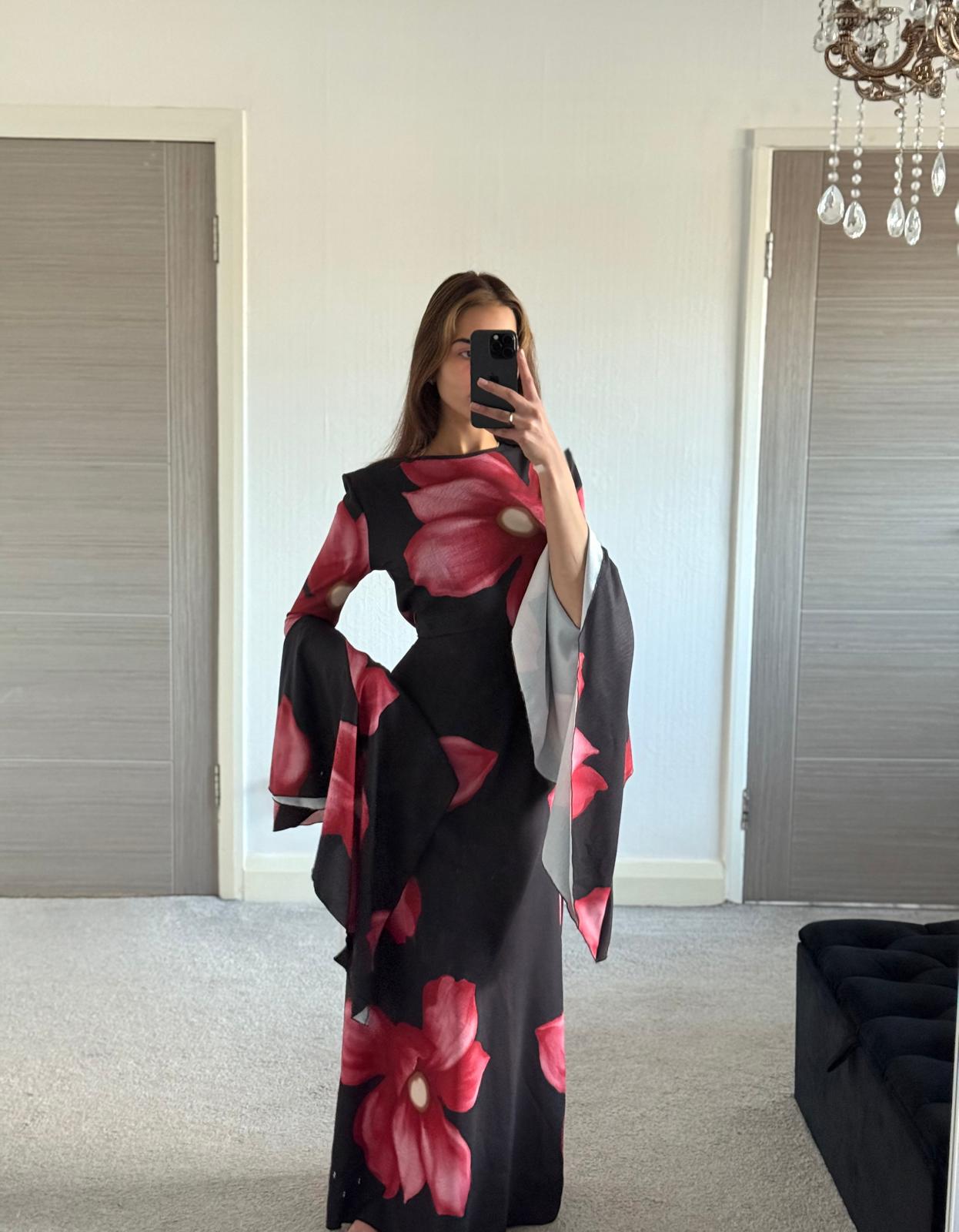 Extreme flared sleeve tie back maxi dress in pretty petal