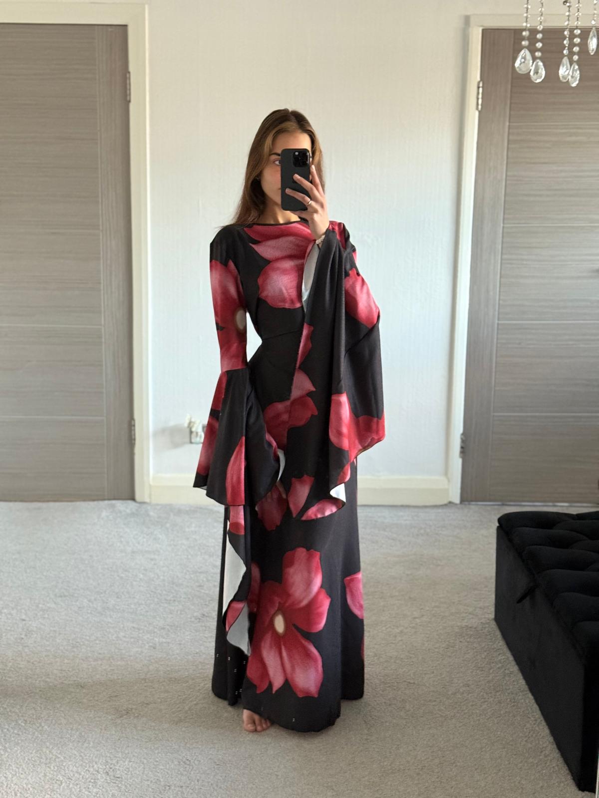 Extreme flared sleeve tie back maxi dress in pretty petal