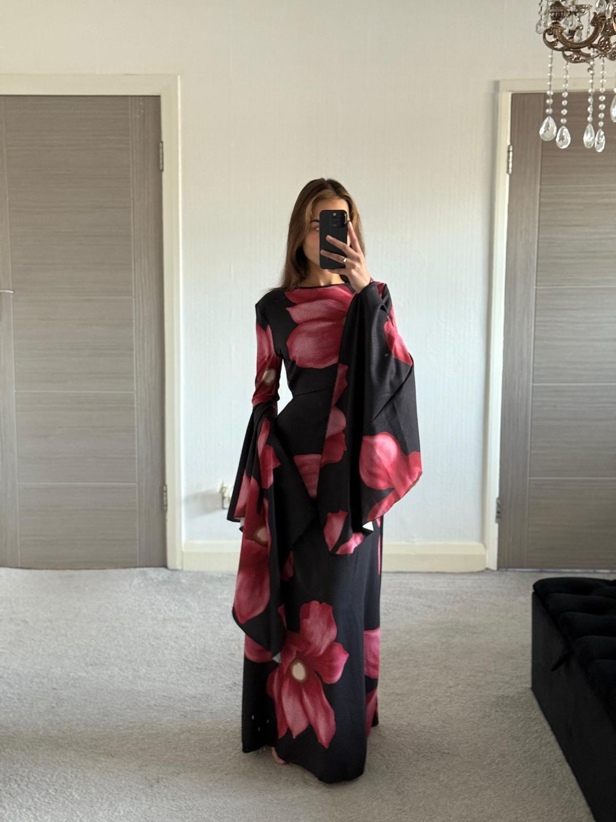 Extreme flared sleeve tie back maxi dress in pretty petal