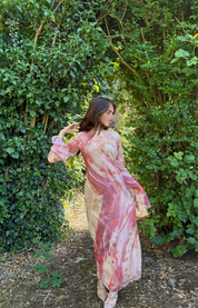Seam detail split sleeve modest mesh maxi in pretty pink ombres