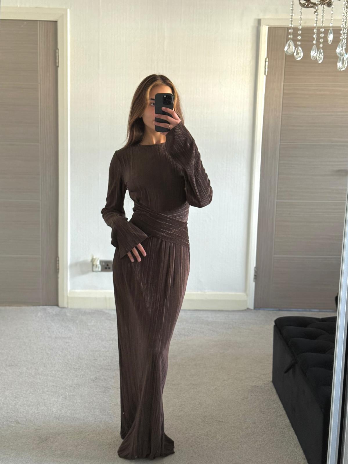 Pleat cross over tie back maxi dress in espresso brown