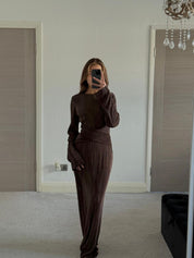 Pleat cross over tie back maxi dress in espresso brown