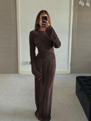 Pleat cross over tie back maxi dress in espresso brown