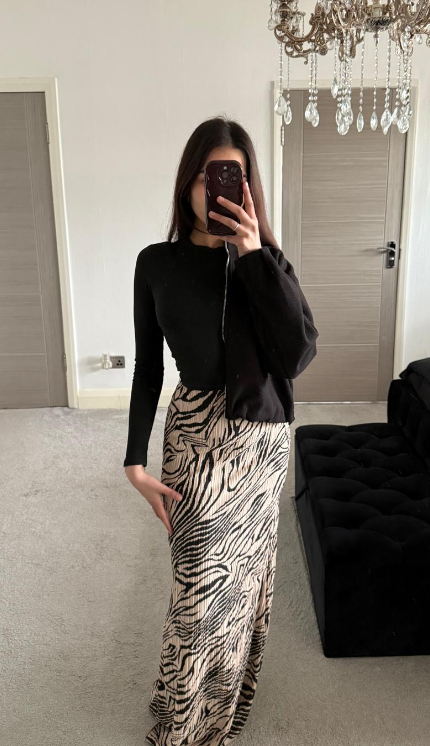 Zebra print pleated maxi skirt