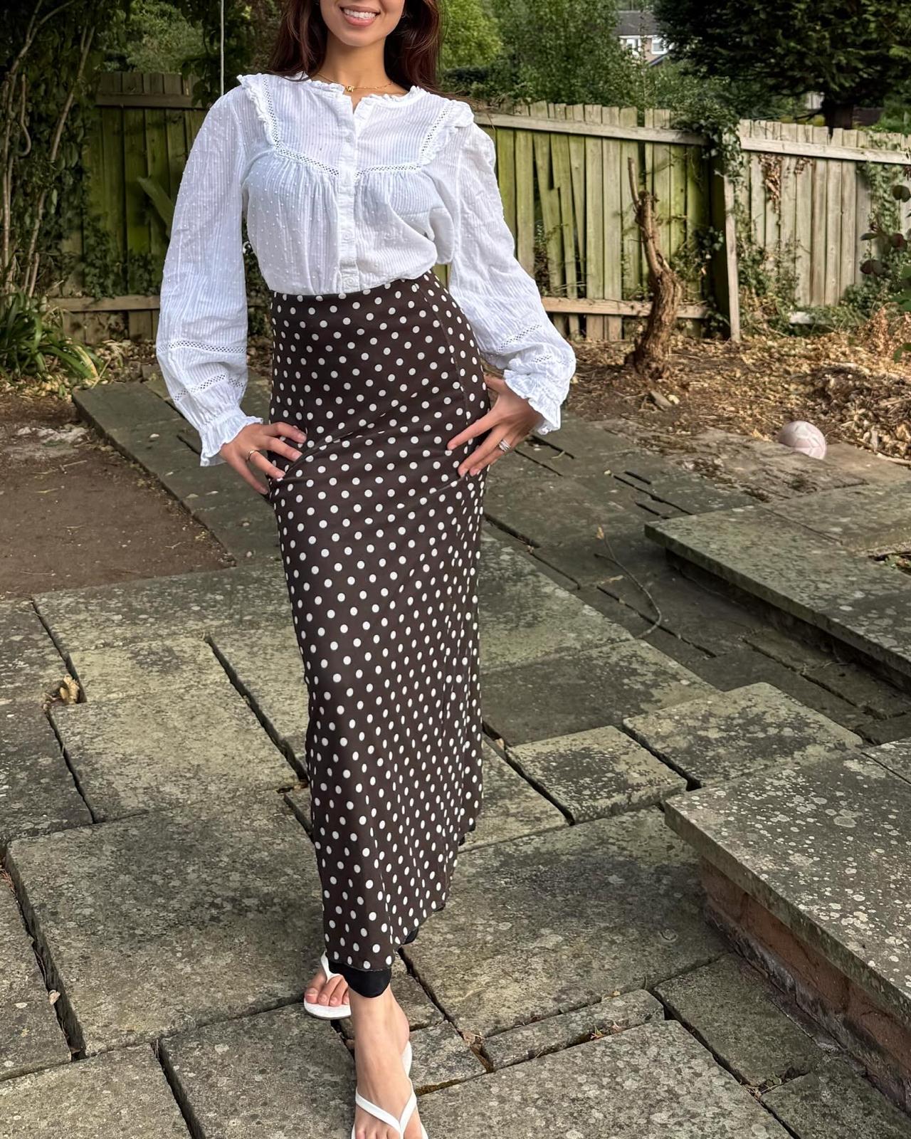 Mesh lined  maxi skirt in chocolate polka dot