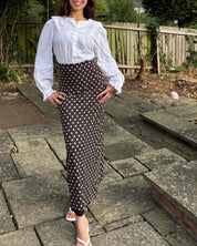Mesh lined  maxi skirt in chocolate polka dot