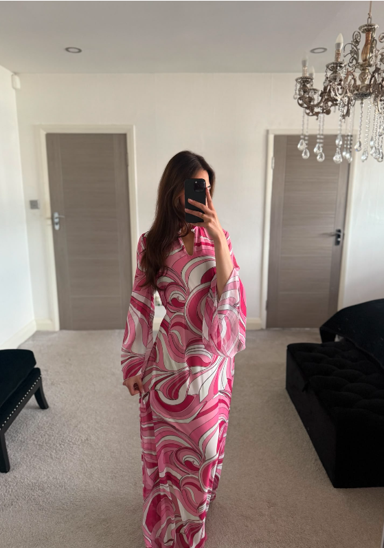 Collar detail tie back chifon dress in puchi print