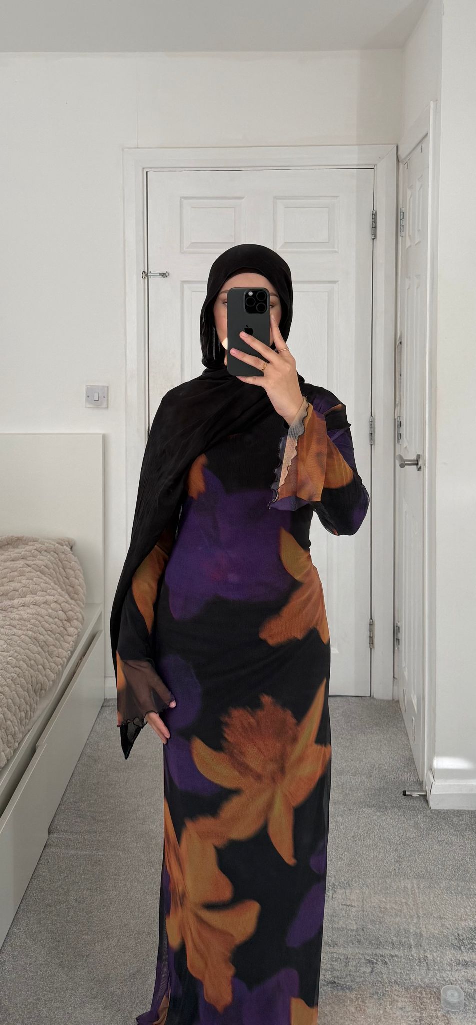 Funnal neck detail mesh modest dress in purple abstract