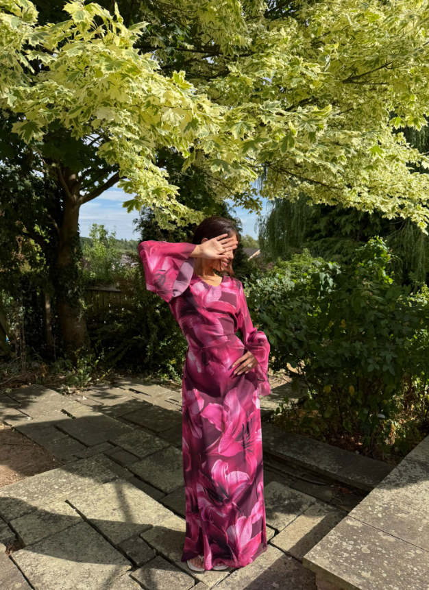 Tie back chiffon dress in purple abstract florals