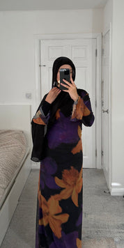 Funnal neck detail mesh modest dress in purple abstract