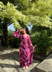 Tie back chiffon dress in purple abstract florals