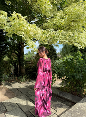 Tie back chiffon dress in purple abstract florals