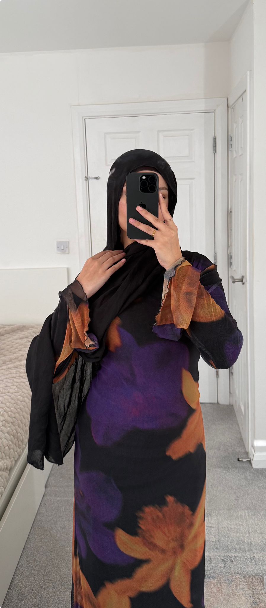 Funnal neck detail mesh modest dress in purple abstract