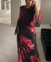 Tie back chiffon maxi dress in red large floral