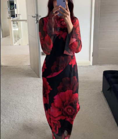 Printed Flared Sleeve Mesh Maxi Dress